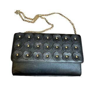Neiman Marcus Black Handbag with Gold Chain and Flowers with Gold Studs